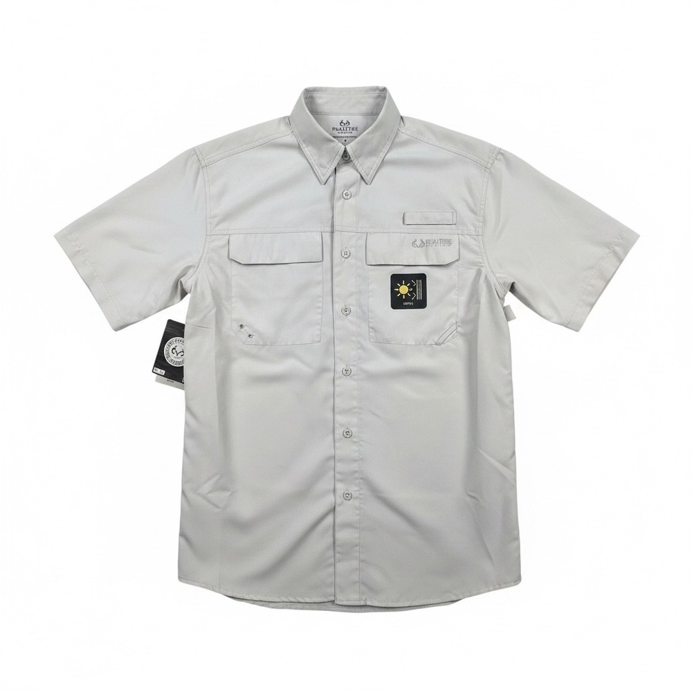 Realtree Fishing Shirt Mens Small Gray Short Sleeve UPF 50+ Ripstop Button Down